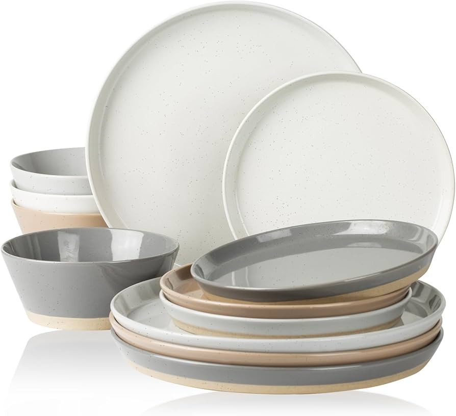 Famiware Saturn Dinnerware Sets, 12 Piece Dish Set, Plates and Bowls Sets for 4, Multi-color | Amazon (US)