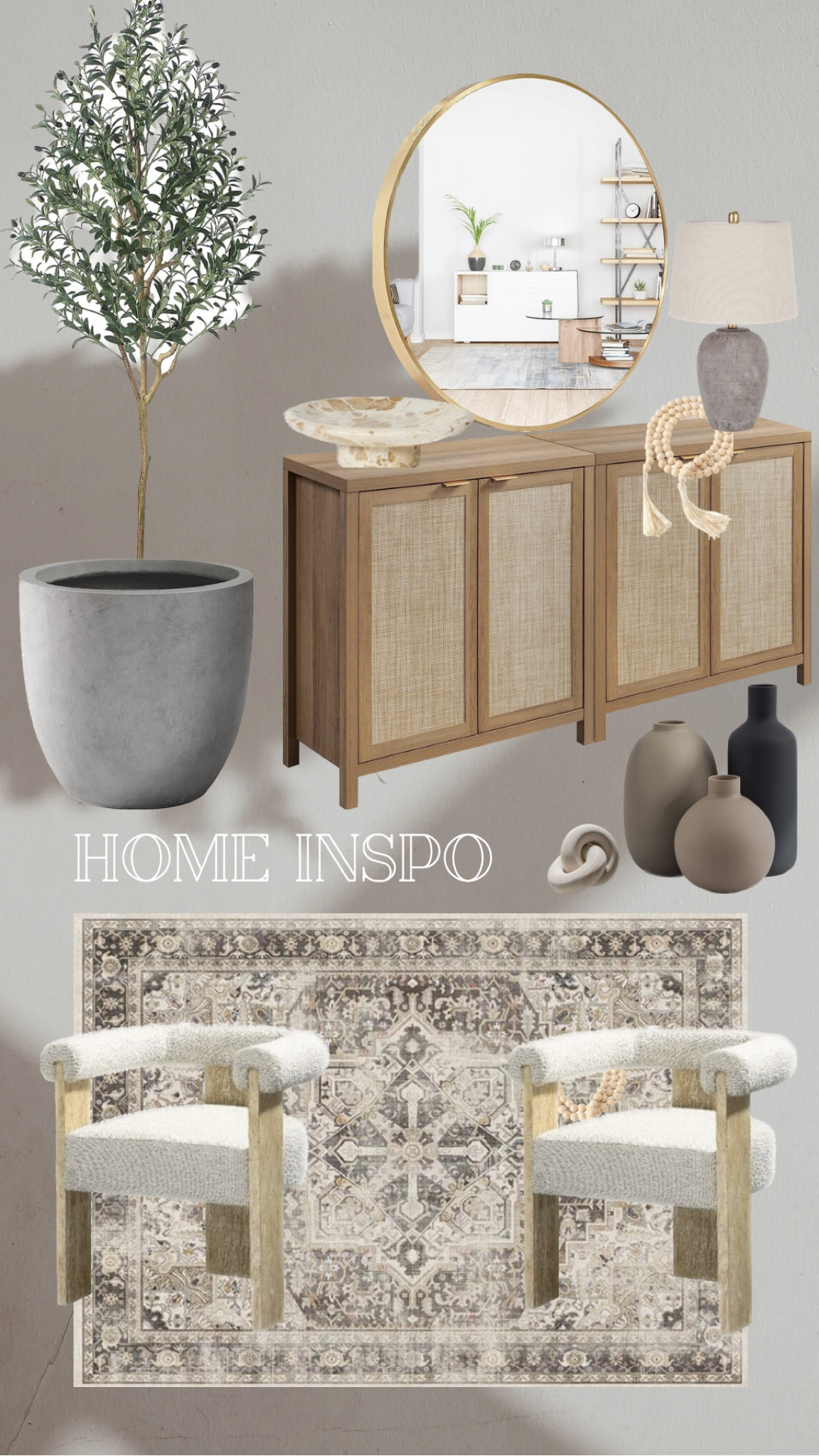 Home inspo
Living room decor
Faux olive tree
Concrete planter
Rattan side board
Large area rug
Ruggable
Table lamp
Table vases and decor
Boucle accent chairs 

#LTKstyletip #LTKhome #LTKFind