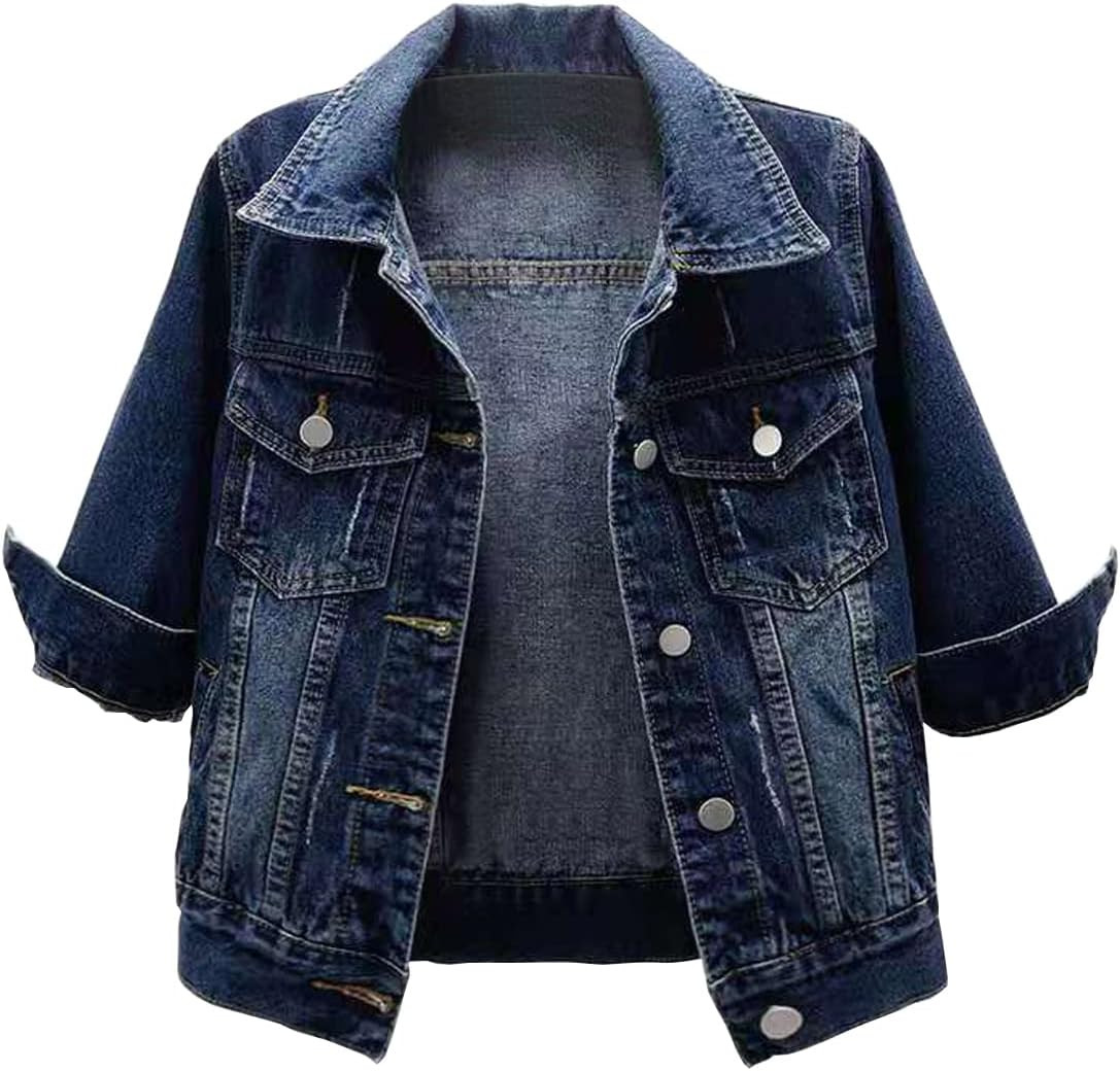 Locachy Womens 3/4 Sleeve Short Denim Jacket Lapel Button Down Cropped Trucker Jean Jackets Coats | Amazon (CA)