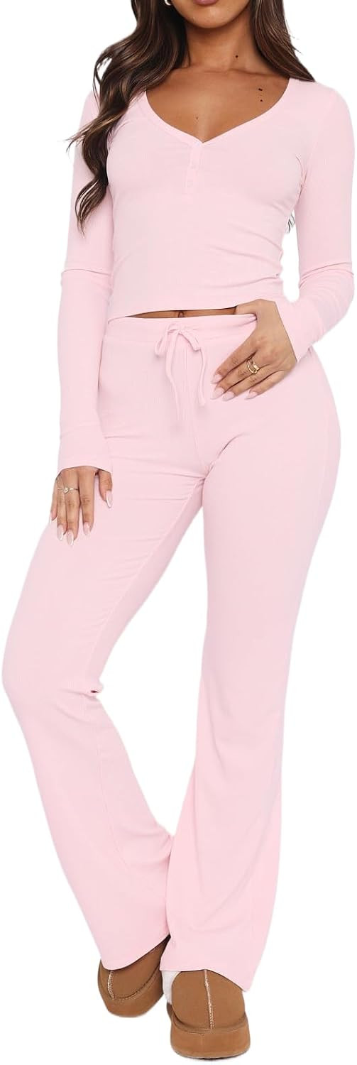 Womens Knit Ribbed 2 Piece Pajama Set Long Sleeve Button Crop Top And Flare Long Pants Sleepwear PJ Set | Amazon (US)