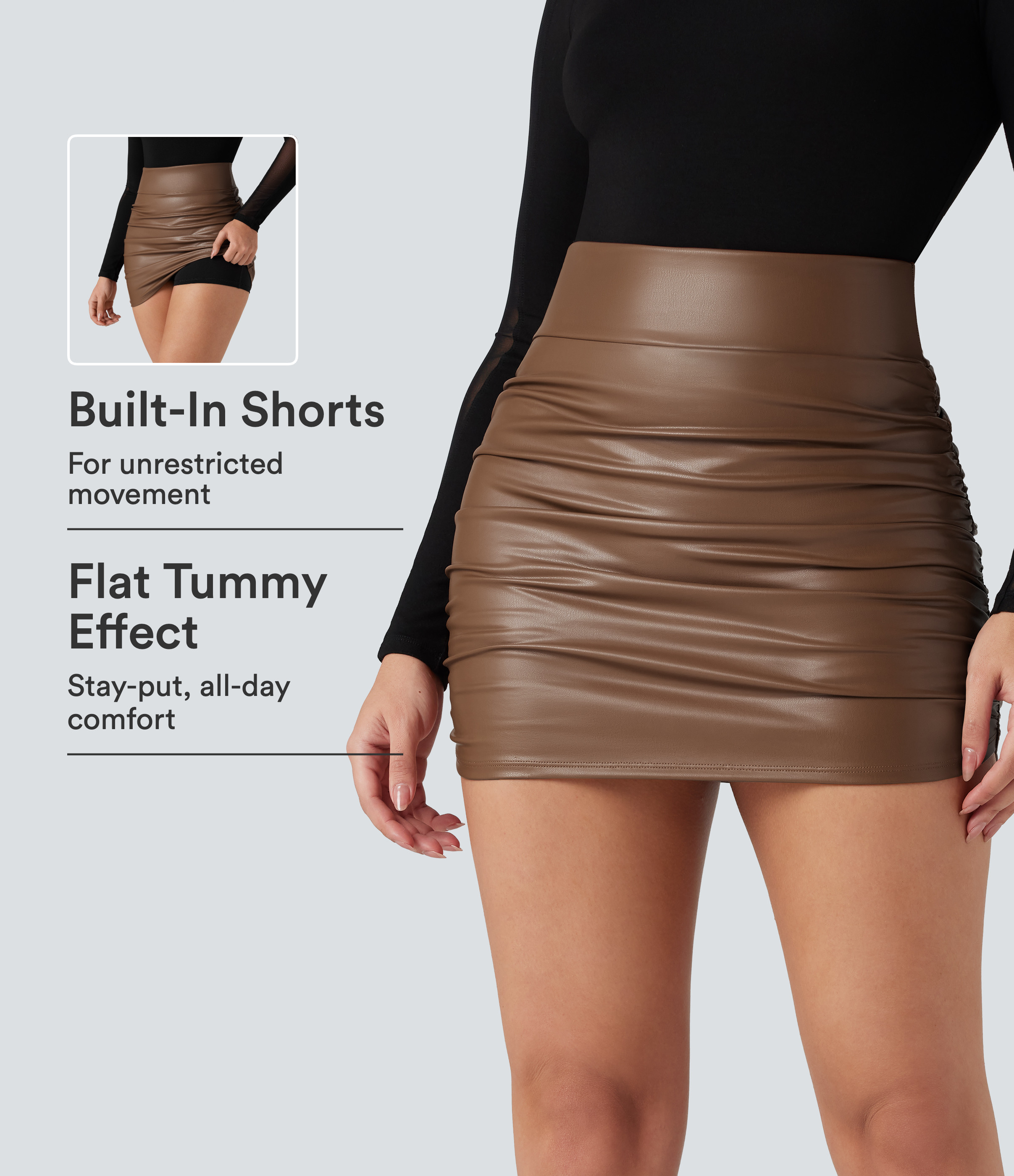 Halara SoCinched High Waisted Tummy Control Ruched Curved Hem 2-in-1 Fleece PU Mini Bodycon Skirt  - Black - S(regular) | HALARA