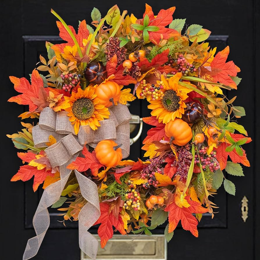Fall Wreaths for Front Door Outside 24 Inch Autumn Wreath with Pumpkins, Sunflowers, Maple Leaves... | Amazon (US)