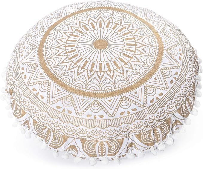 Round Mandala Hippie Floor Pillow Cover - White Hippie Cushion Cover - Ombre Pouf Shams - Meditat... | Amazon (US)