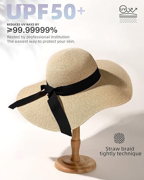 Womens Sun Straw Hat Wide Brim UPF 50 Summer Hat Foldable Roll up Floppy Beach Hats for Women | Amazon (US)
