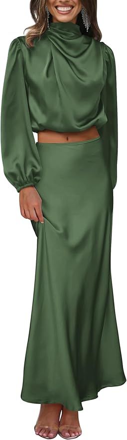 PRETTYGARDEN Women's 2 Piece Satin Outfit Long Sleeve Mock Neck Crop Top Blouse High Waisted Maxi... | Amazon (US)