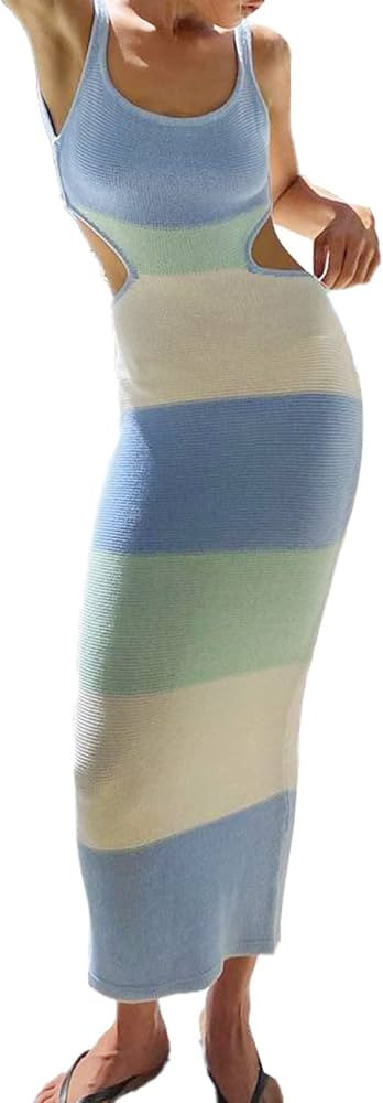 NUFIWI Women Backless Hollow Out Long Dress Sexy Tube Top Maxi Dress Bodycon Spaghetti Strap Cock... | Amazon (US)