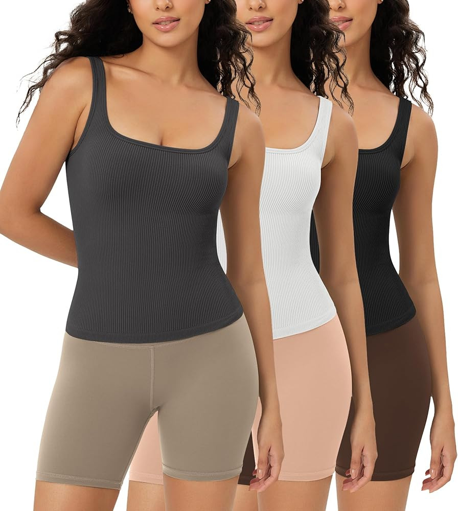 ODODOS 3-Pack Seamless Square Neck Crop Tank for Women Ribbed Knit Soft Low Back Cropped Tops | Amazon (US)