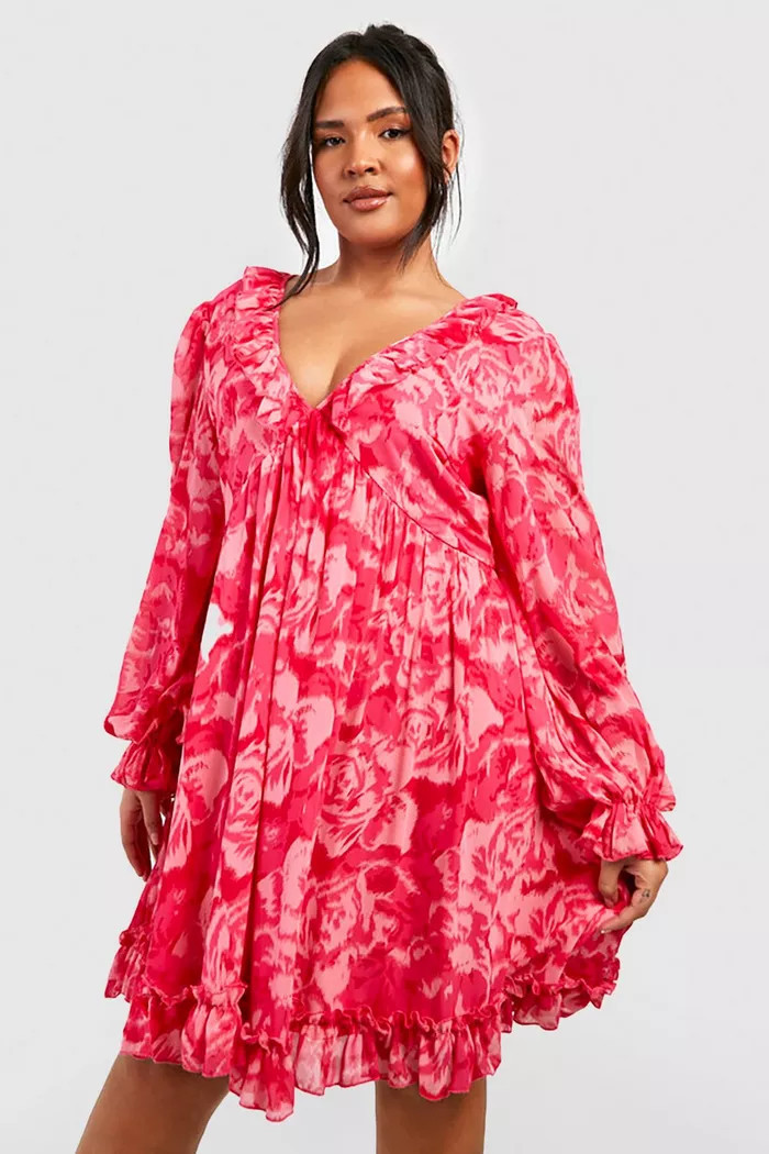 Plus Printed Chiffon Wrap Smock Dress | Boohoo.com (US & CA)