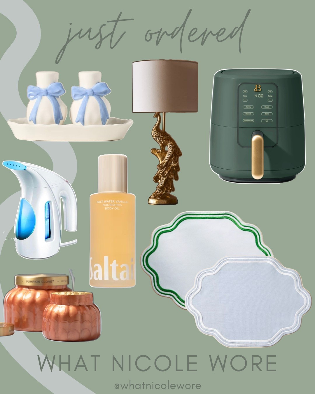 A look at my recent purchases!

Loving these cute bow salt and pepper shakers for my kitchen table plus the coordinating placemats.

My air fryer has been on the fritz so I ordered this very pretty new one for just $40. I regularly use my air fryer to warm up food and cook chicken.

Plus the body oil I can’t quit and a candle I’ve heard great things about is 30% off.

#LTKHome #LTKSeasonal #LTKSaleAlert