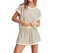 Women 2 Piece Lounge Set Striped Pattern Knit Tops Shorts Matching Set Summer Causal Tracksuit Ou... | Amazon (US)