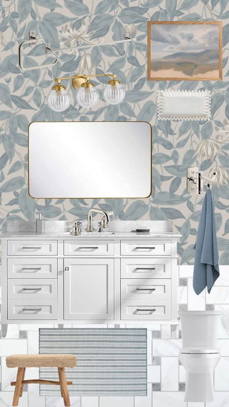 Girls bathroom mood board, bathroom design, blue bathroom, floral bath, artwork, sconce, mirror, faucet, rug, stool, tile, marble

#LTKHome #LTKFamily #LTKStyleTip