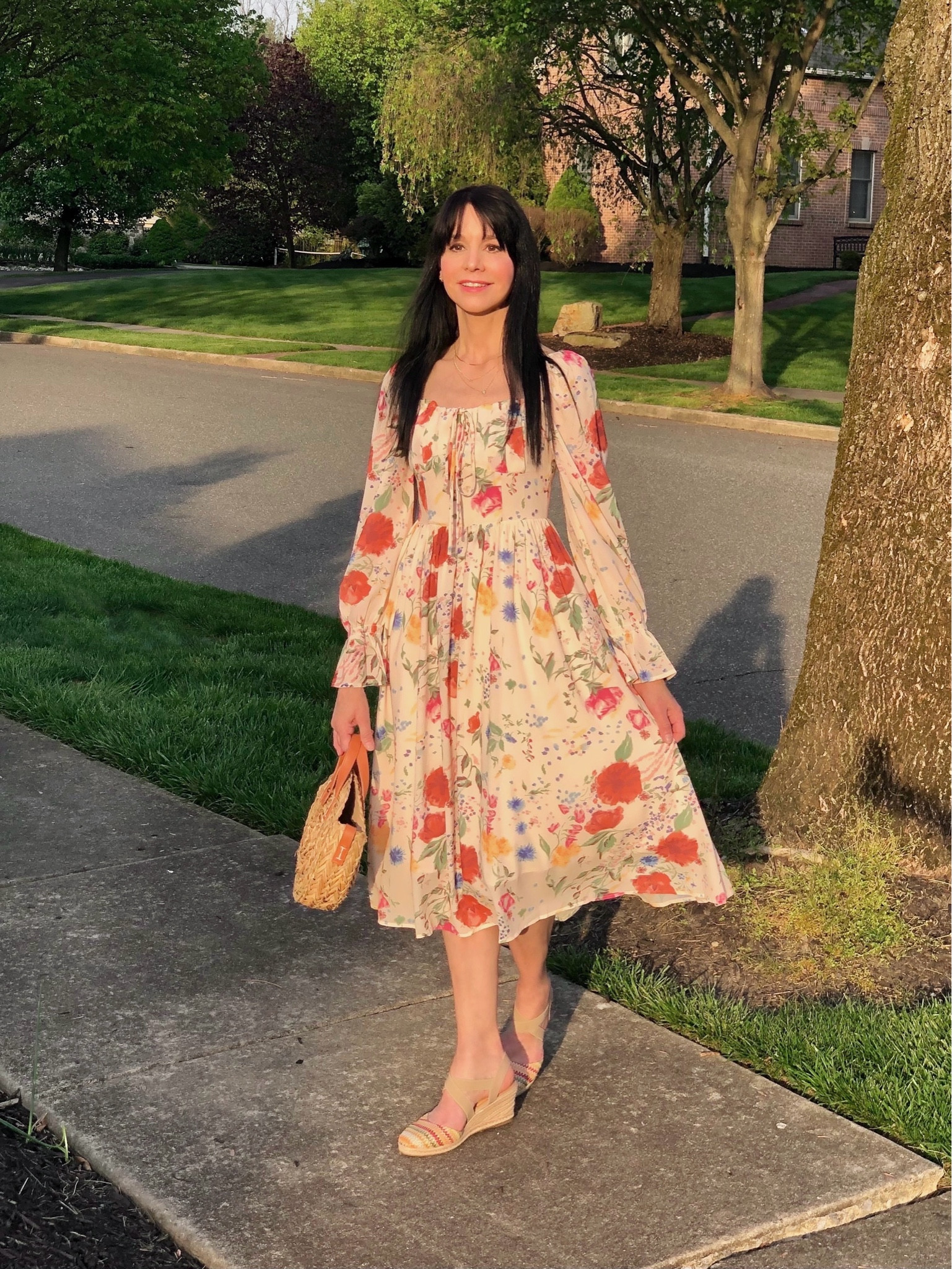 A princess dress for any spring/summer occasion or event! The peasant, drawstring neckline and shirred back bodice allow for a perfect fit! The ruffle-cuff billowy sleeve and light flowy skirt complete the beautiful shape of this twirl-worthy dress! It is lined and beautifully made! The colors go perfectly with these adorable, and very comfy, espadrille wedge shoes!