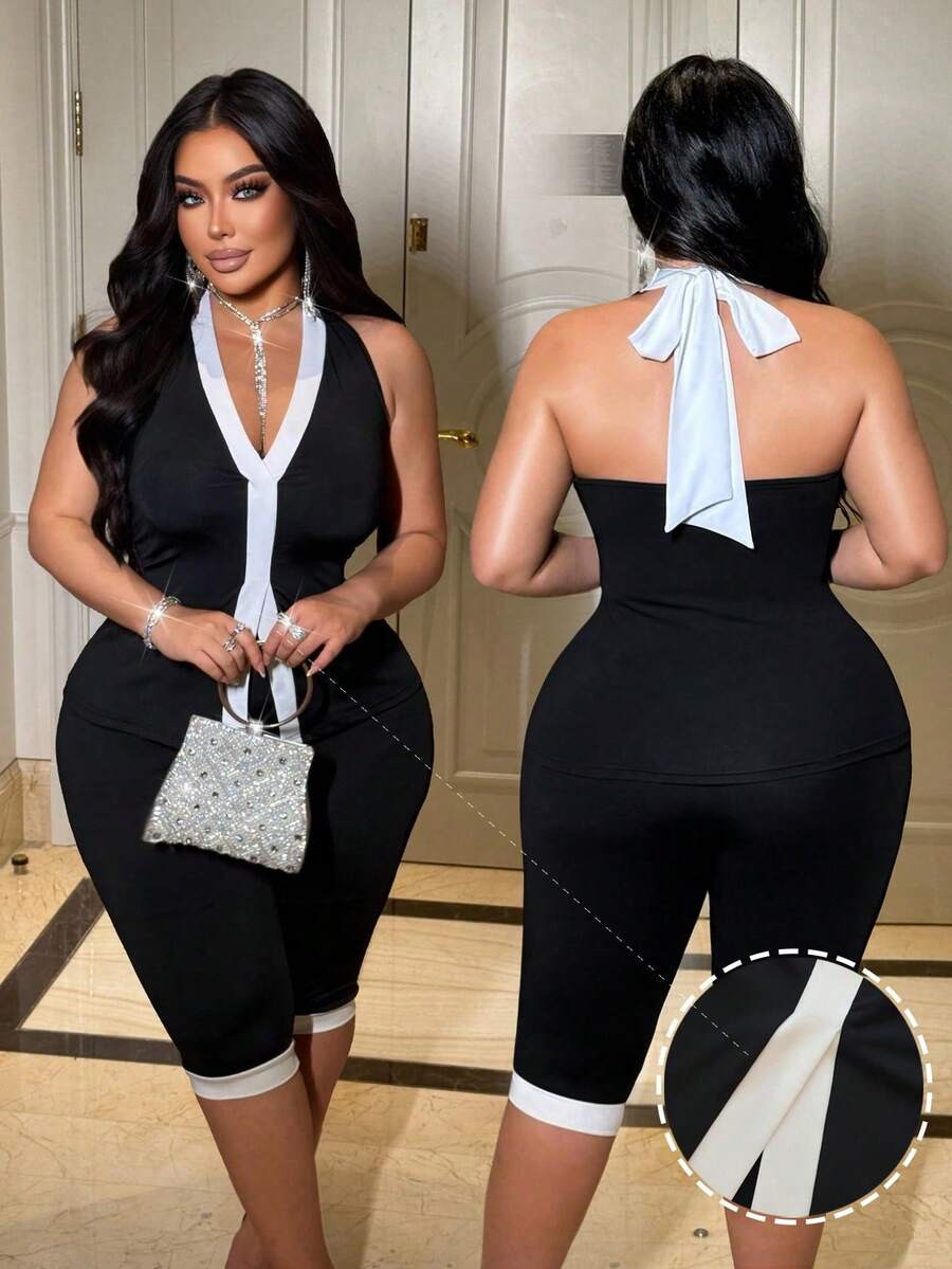 NU&NOW Plus Size Women's Contrast Color V-Neck Backless Tie Top And Shorts Set, Party, Outdoor, S... | SHEIN