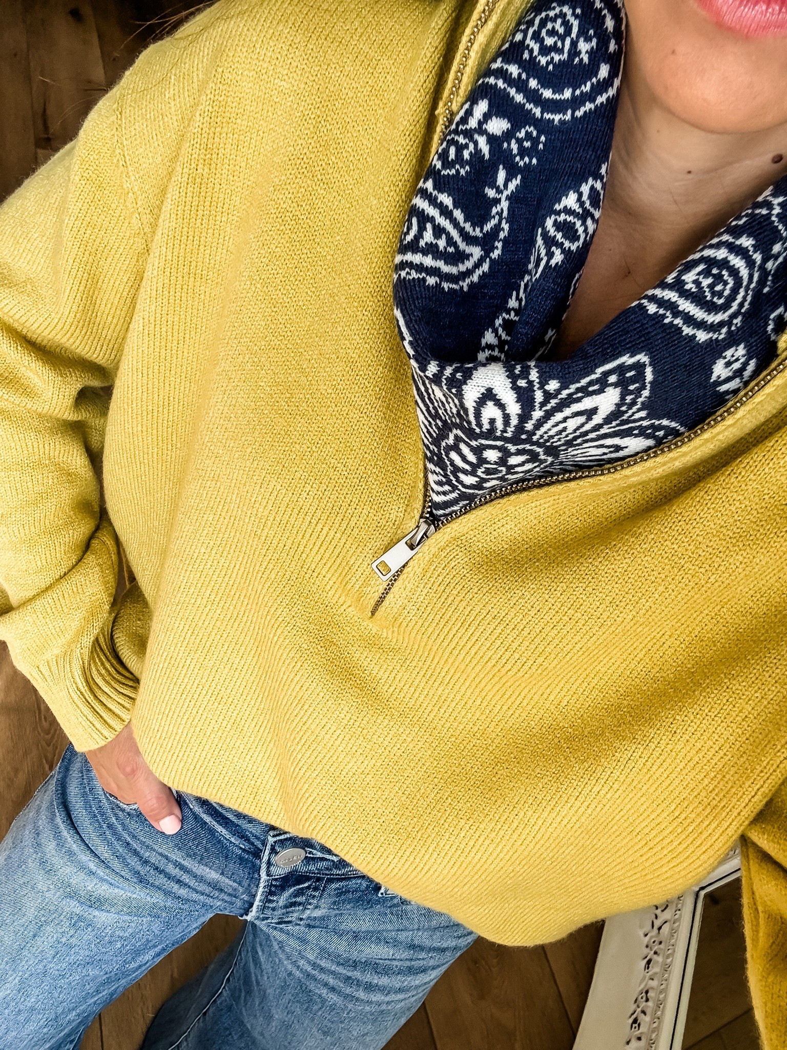 Small sweater. Chartreuse, bandanna, scarf.

#LTKOver40