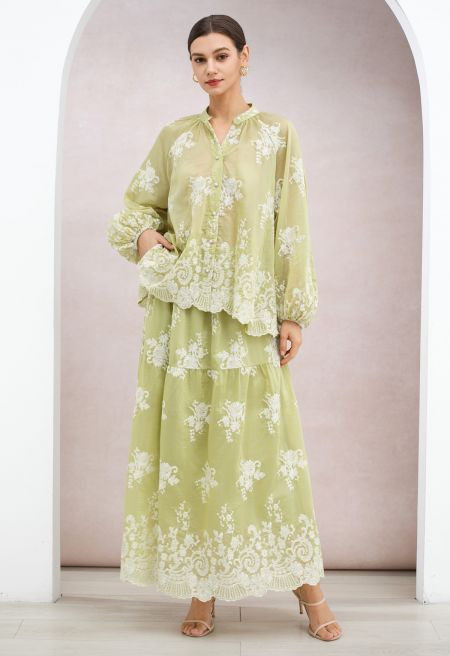Embroidered Floral Organza Dolly Top and Maxi Skirt Set in Pistachio Green for Garden Parties & C... | Chicwish
