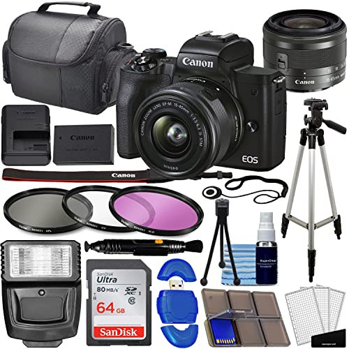Canon EOS M50 Mark II Mirrorless Digital SLR with 15-45mm Lens (Black) + 64GB Memory Card, 3pc Filter Kit, Tripod, Card Reader + Photo Bundle, compact (Renewed) | Amazon (US)