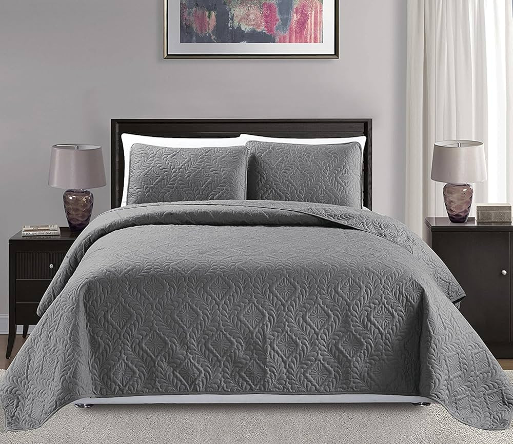 Mk Collection 3pc Full/Queen Over Size Diamond Bedspread Bed Cover Embossed Solid Gray New | Amazon (US)