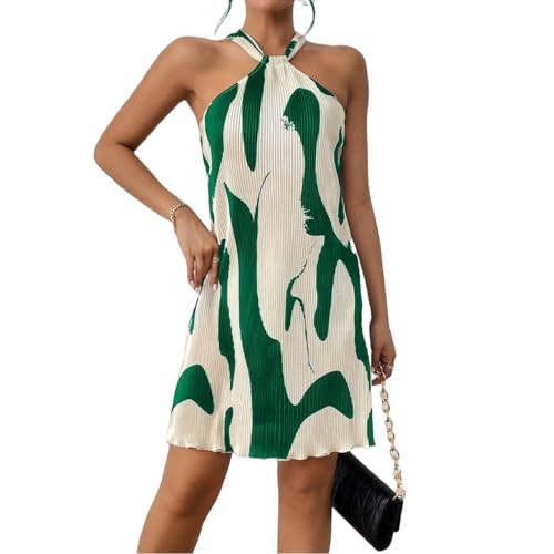 LIGHT DOT Women's Summer Dress Printed Halter Neck Mini Casual Pleated Sundress Party Date Outfit (Green, XL) | Amazon (US)