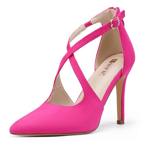 IDIFU Hot Pink Heels Women's Pumps Closed Toe Stiletto High Heels Strappy Wedding Bridal Office Dress Shoes for Women Comfortable Dressy Pointed Toe Zip Pumps(Hot Pink Suede,6.5) | Amazon (US)