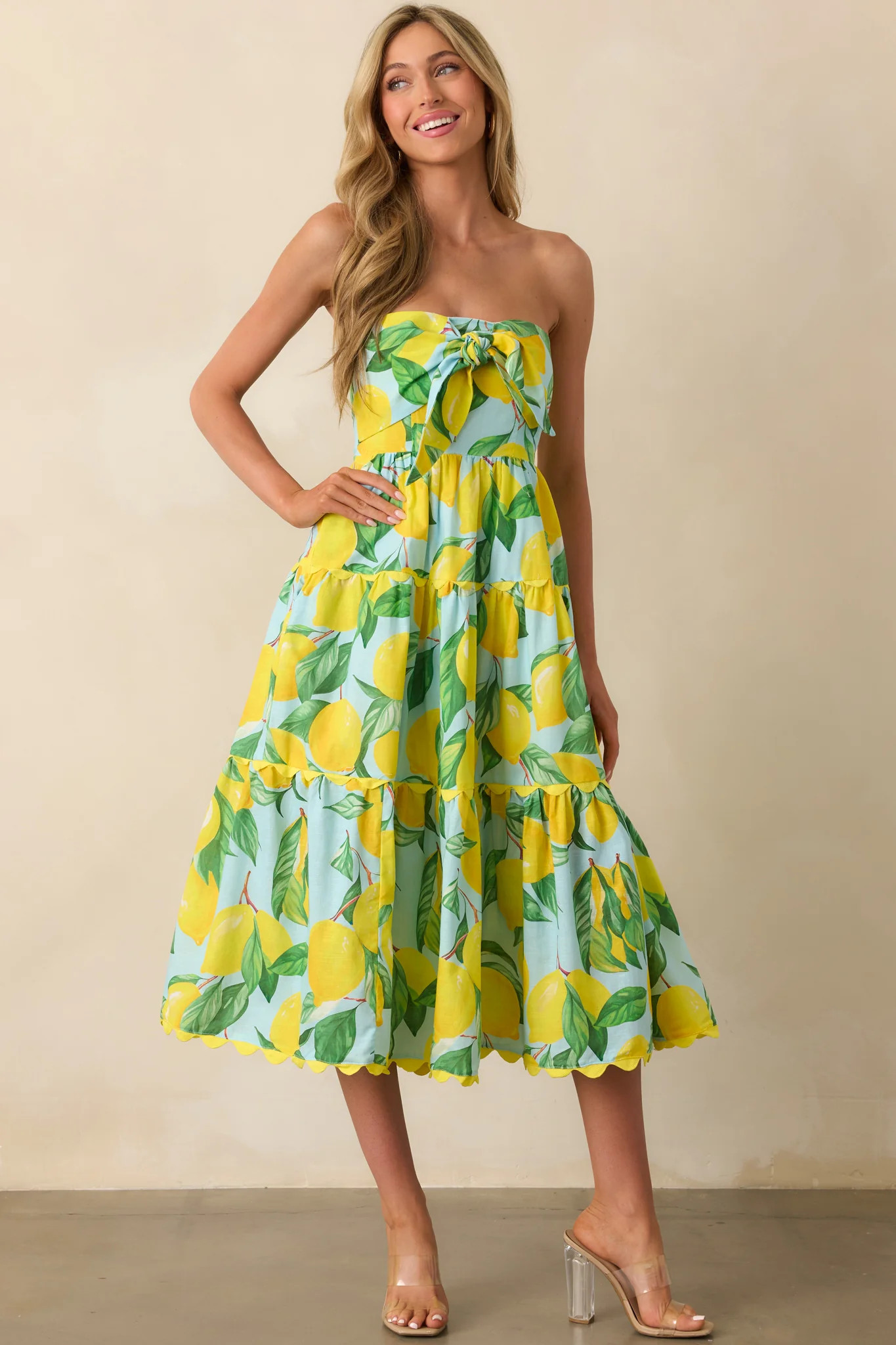 Prosperina Elena Blue Lemon Print Linen Strapless Midi Dress | Red Dress