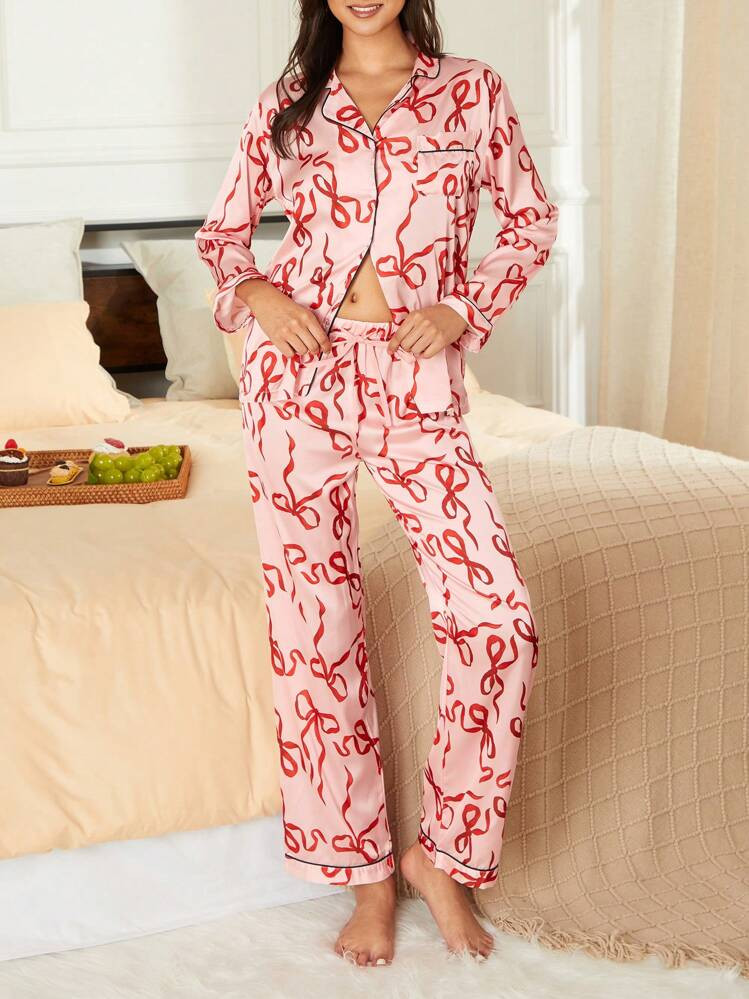 Women Christmas Satin Slik Pajamas Set Y2K Bow Graphic Print Long Sleeve Button Down Shirts Tops And Pants Sets Fall Winter Sleepwear Nightwear Loungewear Xmas Holiday Two Piece Pjs Matching Outfits Sets | SHEIN
