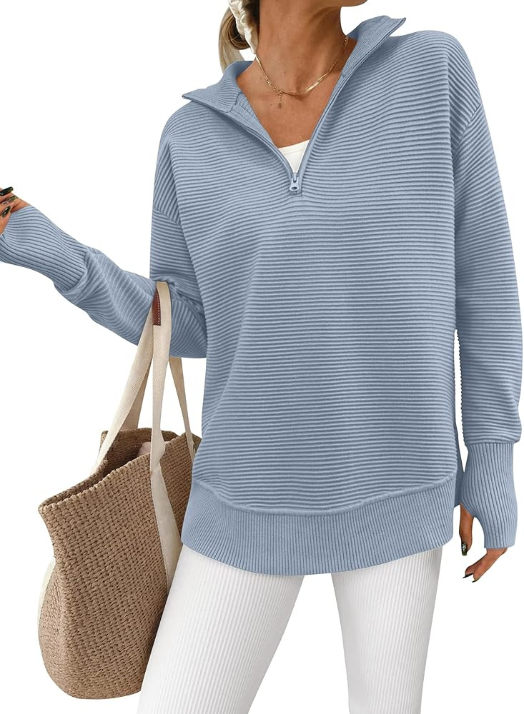 PRETTYGARDEN Womens Long Sleeve Quarter Zip Pullover Sweater Casual Loose V Neck Collared Ribbed ... | Amazon (US)
