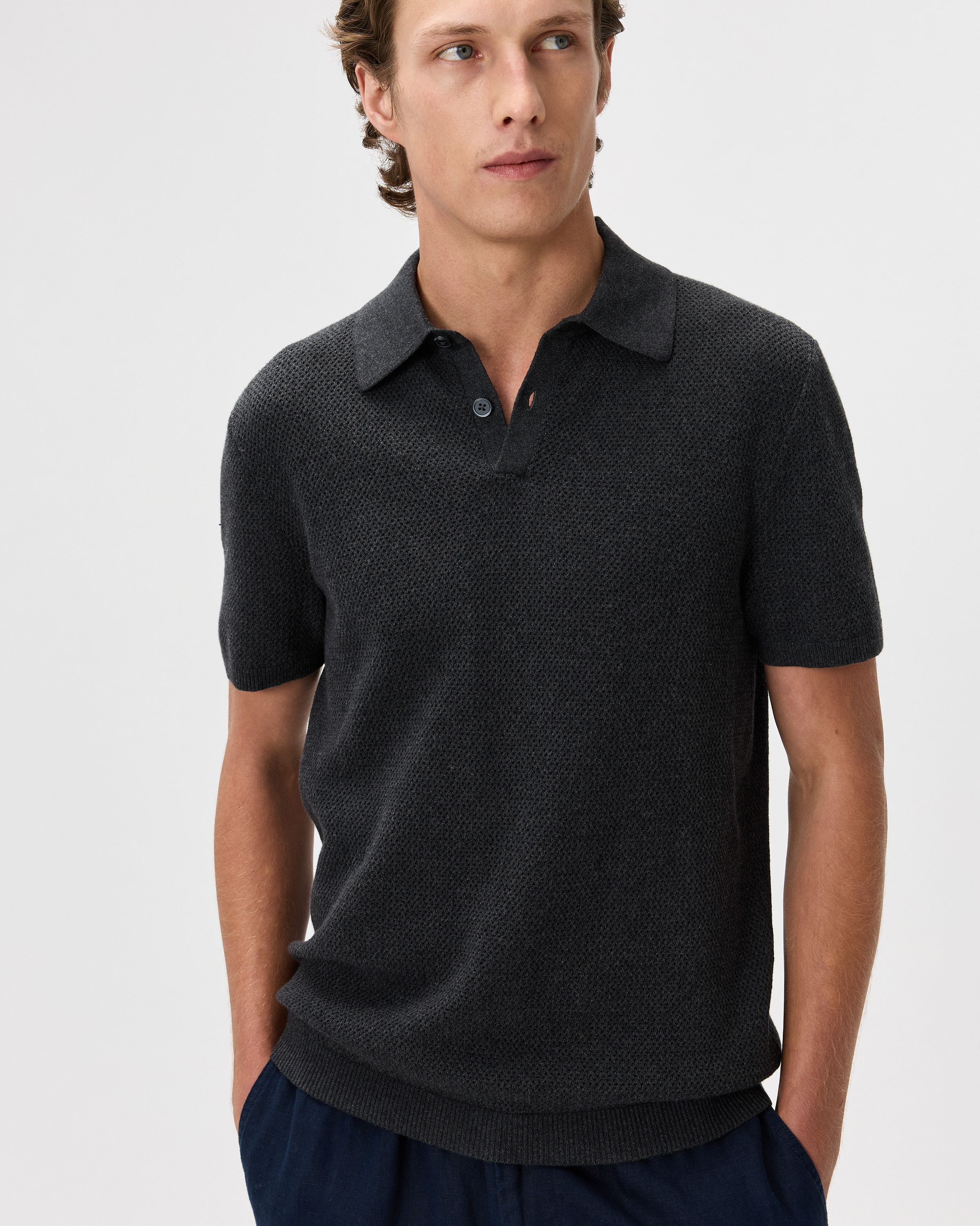 100% Organic Cotton Mesh-Stitch Sweater Polo in Black | Quince