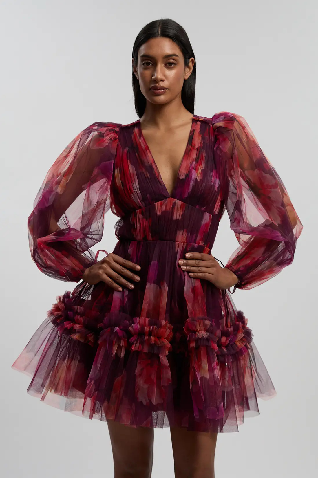 Floral Tulle Balloon Sleeve Plunge Woven Mini Dress | Karen Millen US