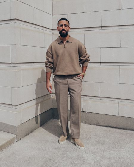 ESSENTIALS Knit Polo Sweater in ‘Oak’ (size M). FEAR OF GOD Double Pleated Trousers in ‘Beige’ (size 48) and The Loafer in ‘Daino’ (size 41). FEAR OF GOD x BARTON PERREIRA glasses in ‘Matte Taupe’. A relaxed and elevated men’s look for a Spring date night out. Also perfect for wear at work or in the office. Cozy and comfortable. Layer and Add a long coat for warmth. 

#LTKstyletip #LTKmens #LTKunder100
