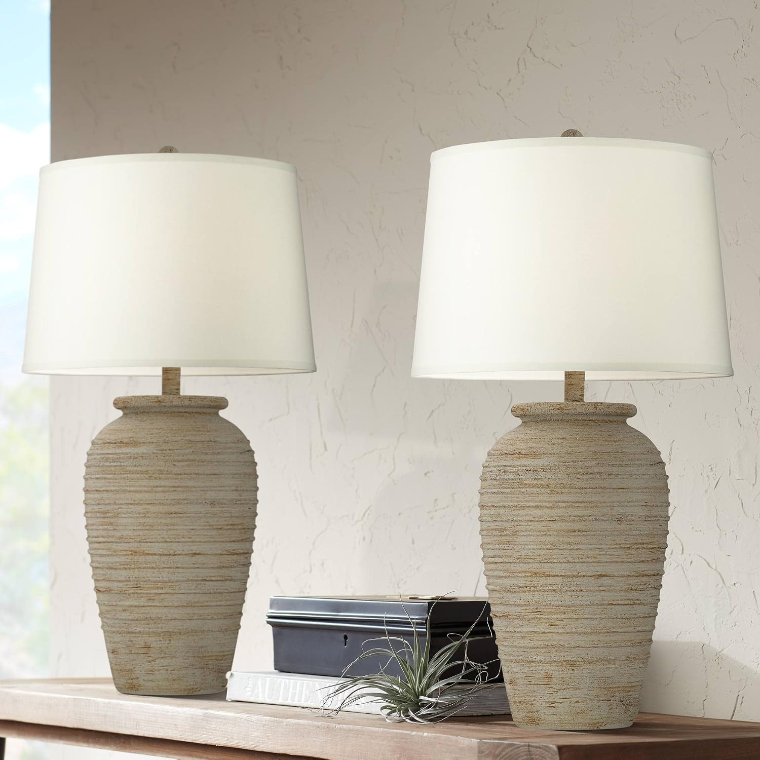 John Timberland Austin 28" Tall Jug Southwest Farmhouse Rustic Modern Table Lamps Set of 2 Sand Toned Ridged Finish Cream Shade Living Room Bedroom Bedside Nightstand House Office Home Kitchen | Amazon (US)