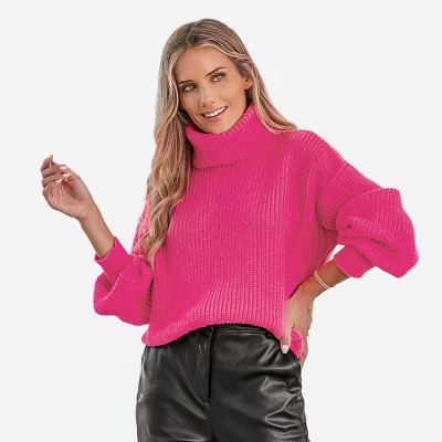 Women's Chunky Knit Turtleneck Long Sleeve Sweater - Cupshe-S-Hot Pink | Target