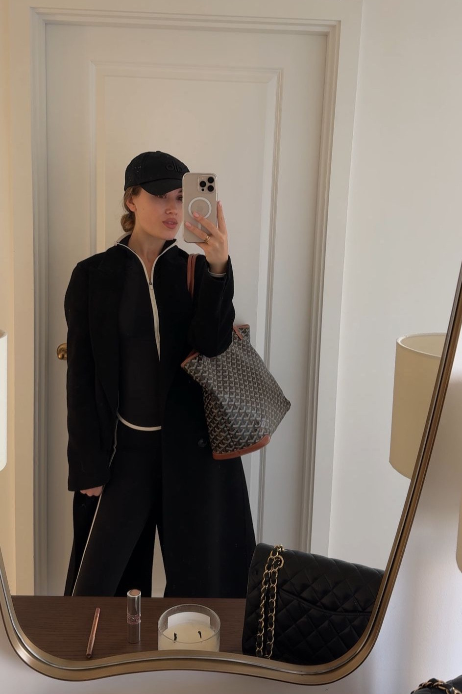 Gym wear lounge kind of day 🖤 love this black and white monochrome piping set from Because of Alice, have linked similar by Alo and Adanola. Styled with a Reiss wool tailored coat, Goyard tote bag and black cap 

#LTKautumn #LTKstyletip
