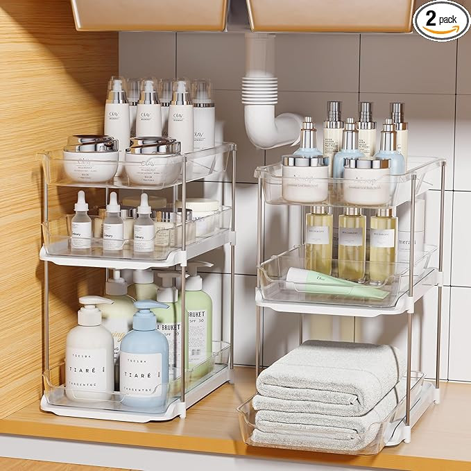 Delamu 2 Sets of 3-Tier Bathroom Under Sink Organizers and Storage, Multi-Purpose Stackable Pantr... | Amazon (US)