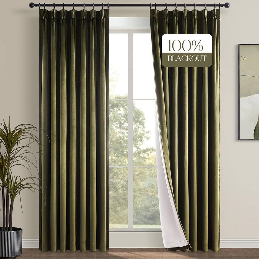 Topfinel 72 Inch Green Velvet Blackout Curtains, Pinched Pleated Insulating Noise Reducing Sun Bl... | Amazon (US)