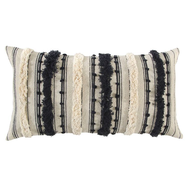 14"x26" Oversized Poly-Filled Striped Lumbar Throw Pillow Black/Ivory - Rizzy Home | Target