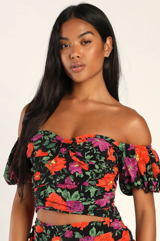 Bright Beauty Black Floral Ruched Off-the-Shoulder Crop Top | Lulus (US)