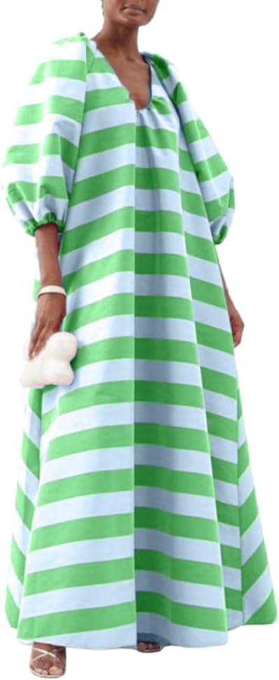 Women's Oversized Striped Lantern Sleeve V Neck Maxi Dress Casual Loose Printed Half Sleeve Long ... | Amazon (US)