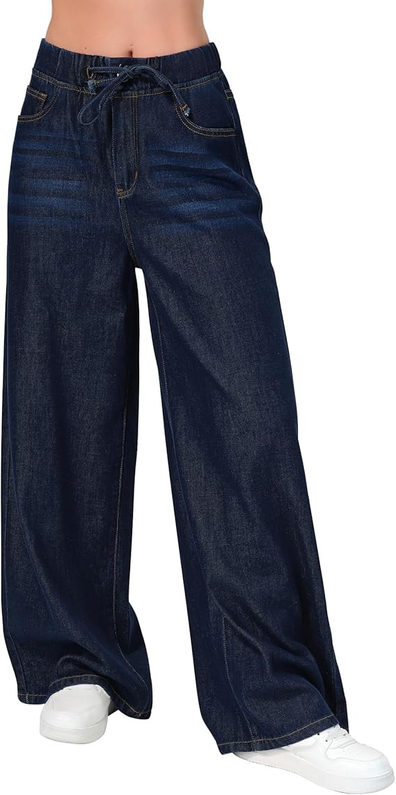 roswear Women's Wide Leg Jeans Sweatpants Elastic Waist with Drawstring Baggy Loose Fit Pants | Amazon (US)