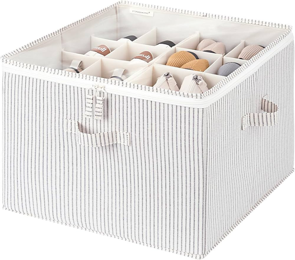 StorageWorks Shoe Organizer for Closet, Fits up to 16 Pairs, Shoe Cubby Storage Containers with Adjustable Dividers and Clear Cover, Gray and White Stripes | Amazon (US)