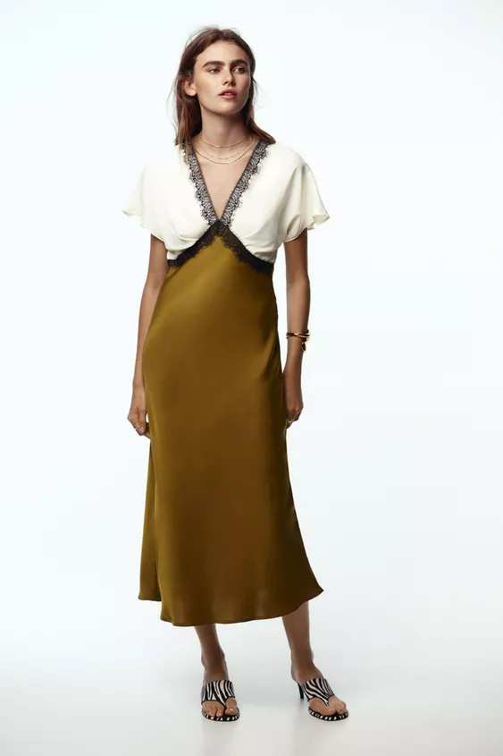 CONTRAST LACE SATIN EFFECT MIDI DRESS | Zara US