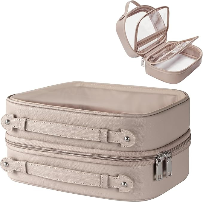 Clear Cosmetic Bag Double Layer Travel Toiletry Bag Clear Makeup Bag Case with 4 Compartments, Tr... | Amazon (US)