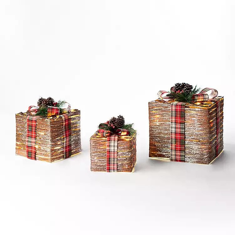 Glittered Rattan Plaid Pre-Lit Gifts, Set of 3 | Kirkland's Home