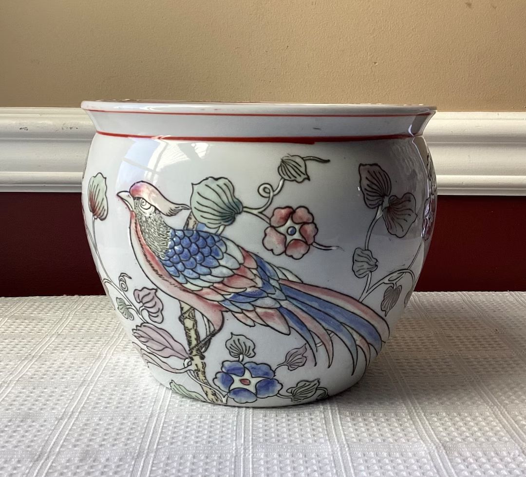 VTG Old Chinese Porcelain Fish Bowl/ Planter, Bird-design, 8 W X 6 1/2 T. - Etsy | Etsy (US)