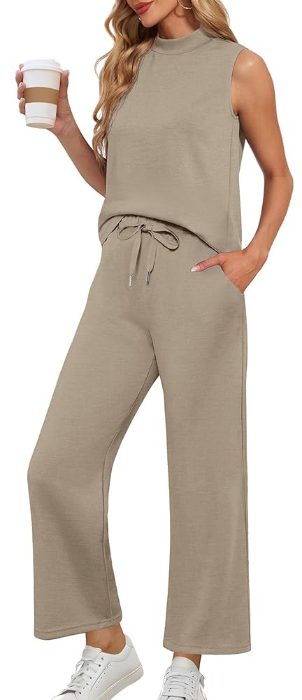 Lepunuo Two Piece Sets for Women Summer Mock Neck Sleeveless Top Wide Leg Pants Lounge Sets Vacat... | Amazon (US)
