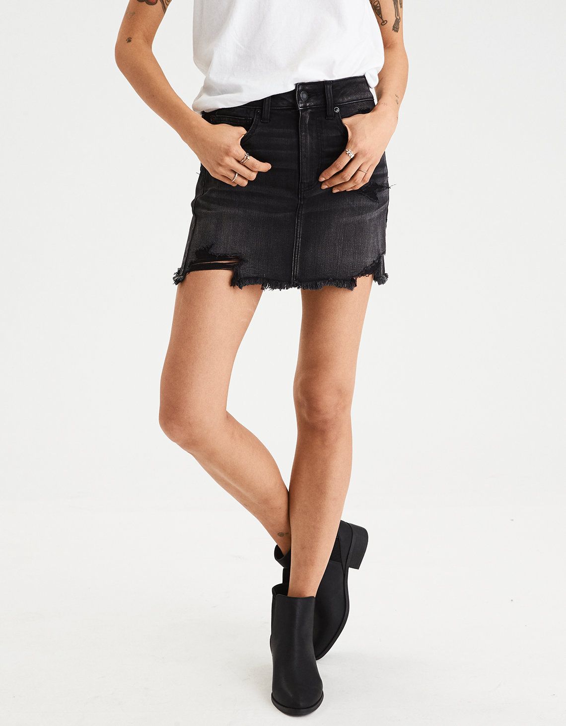AE Super High-Waisted Mini Skirt, Destroyed Black | American Eagle Outfitters (US & CA)
