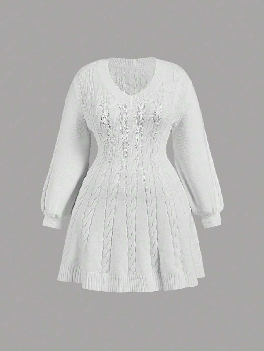 SHEIN MOD Plus Size Gathered Waist Lantern Sleeve Mini Short V-Neck Floral Knit Dress | SHEIN