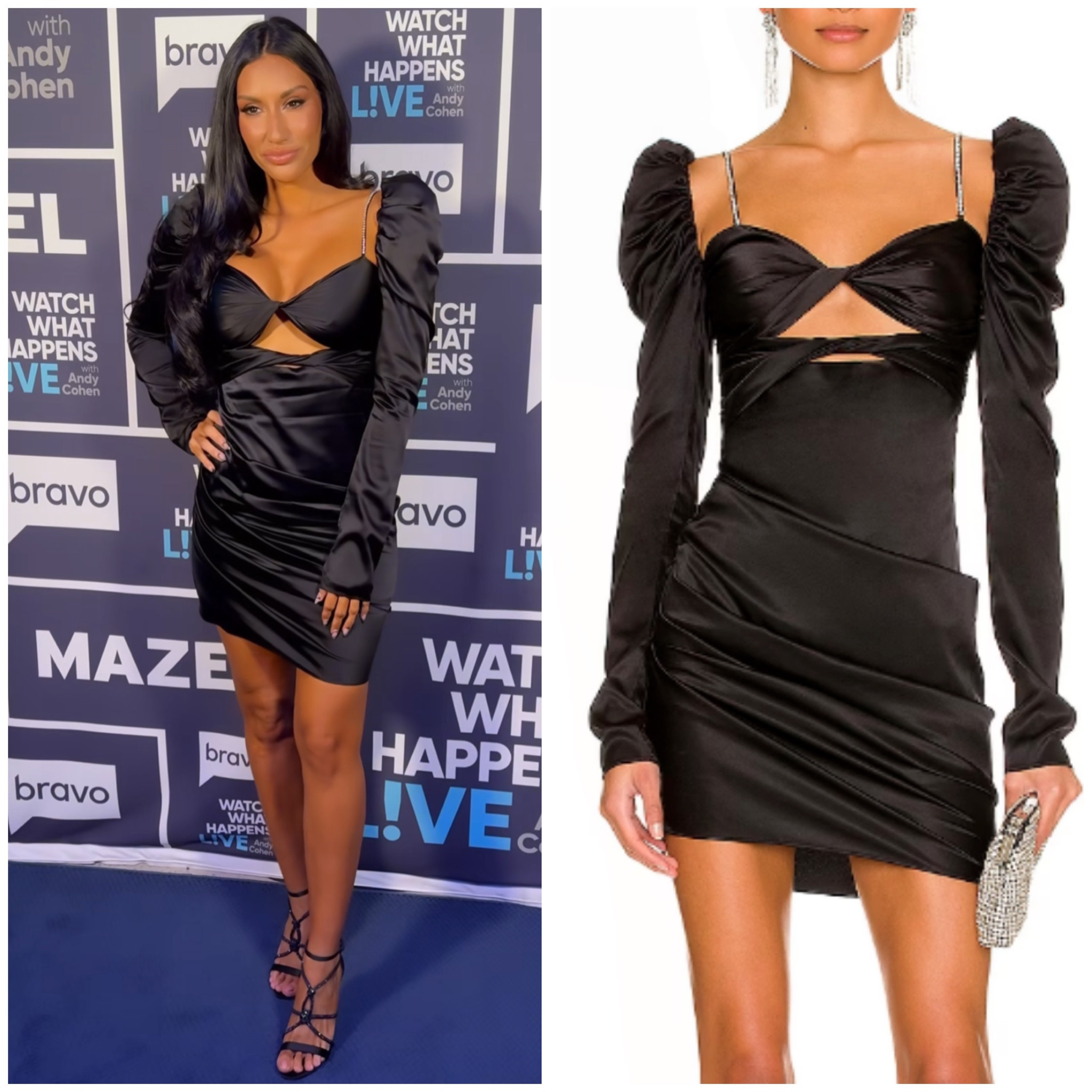 Monica Garcia’s Black Satin Cutout Dress and Sandals on #WWHL