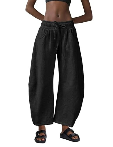 Hongsui Women's Barrel Leg Pants Elasticated Waistband Soft Wide Leg Pants with Pockets Casual Sw... | Amazon (US)