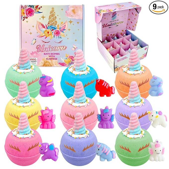 Unicorn Bath Bombs for Kids, 9 Large Kids Bath Salts with Squishy Toys Inside, Magic Unicorn Bath... | Amazon (US)
