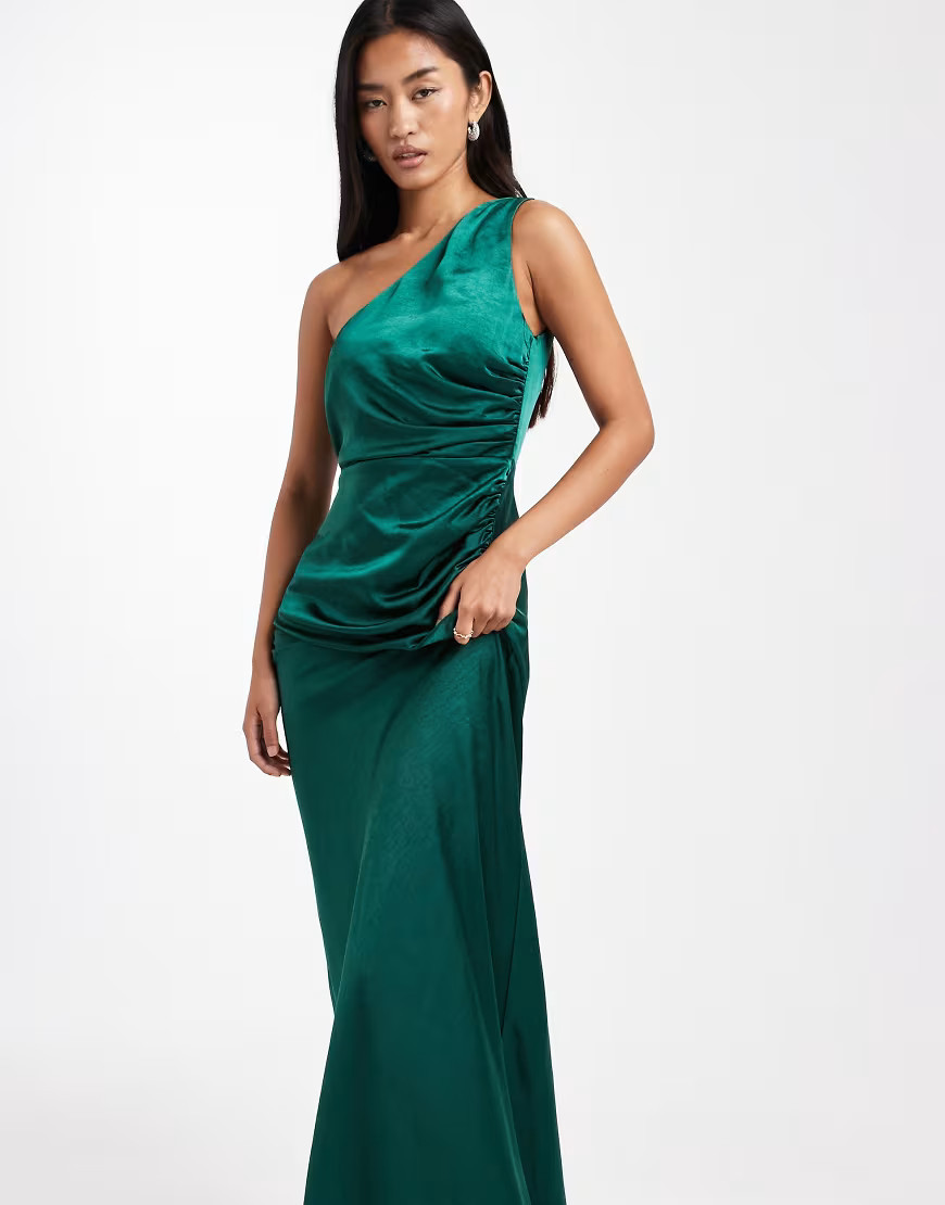 Six Stories Bridesmaid one shoulder satin maxi dress in dark green | ASOS (Global)